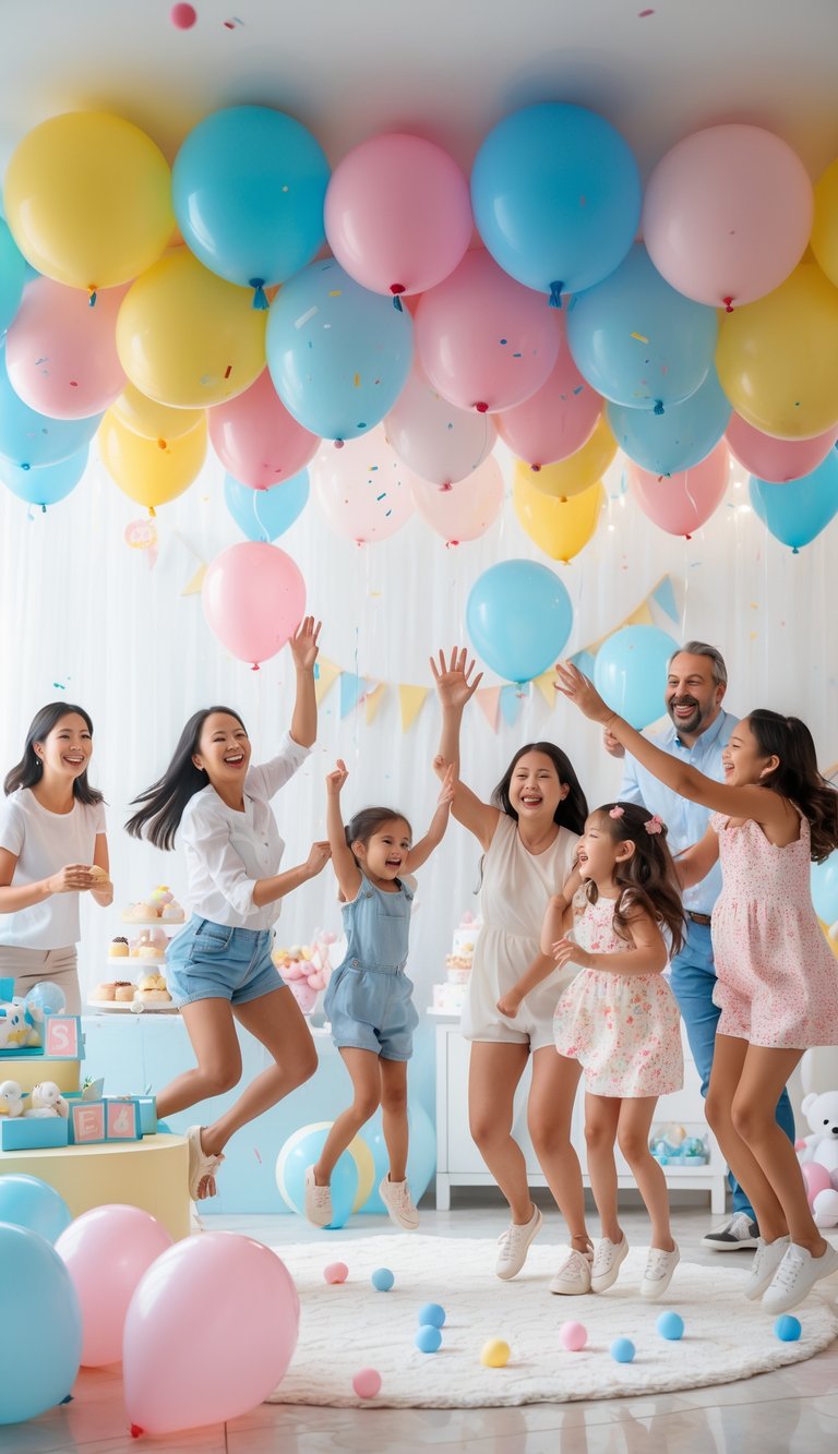 People playing a balloon popping game at a decorated baby shower with colorful balloons and festive decorations.